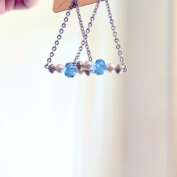 Stunning Chain Earrings Czech Blue Sapphire 8mm Round Faceted Beads+Pearl+Beaded - Picture 7 of 16